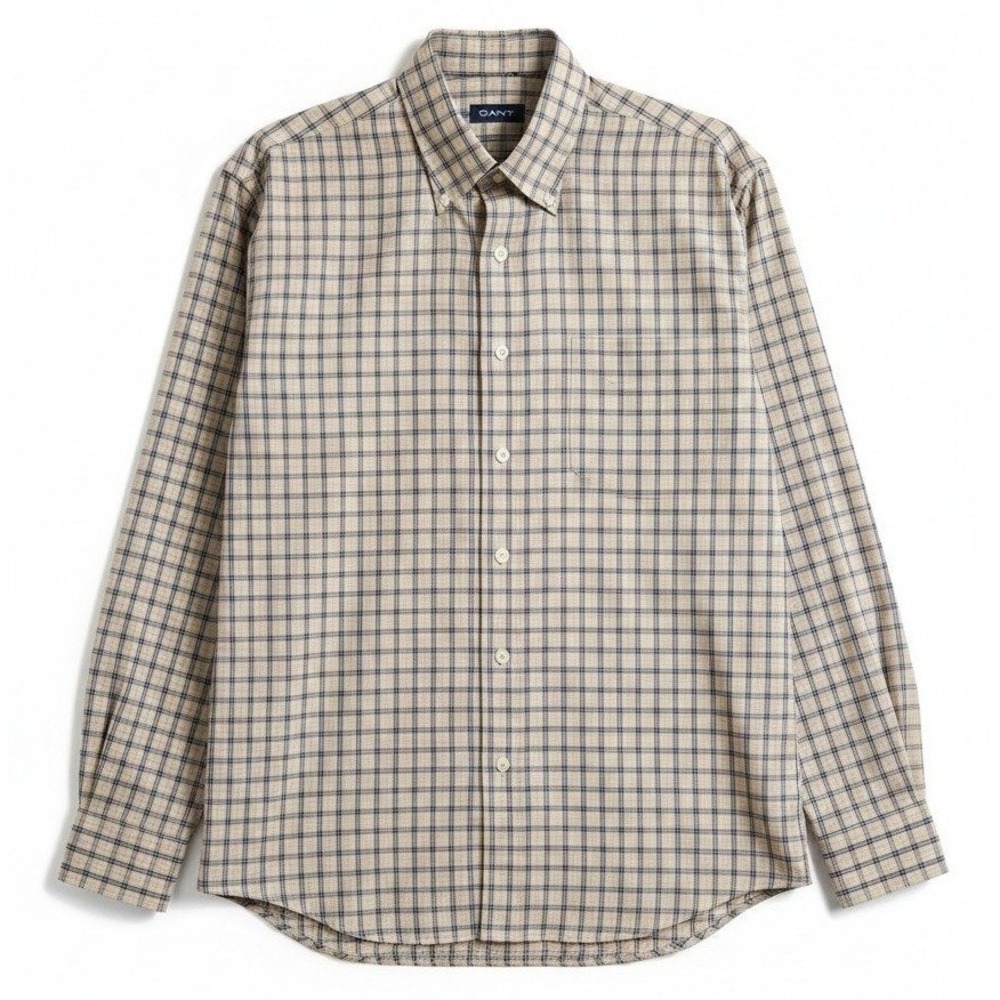 Gant Classic Poplin Button Down Shirt, Tan Blue Check Long Sleeve,‎ Men's Large